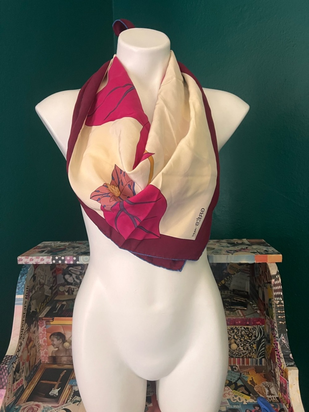 Silk Floral Scarf in Cream & Fuchsia by Gres Paris